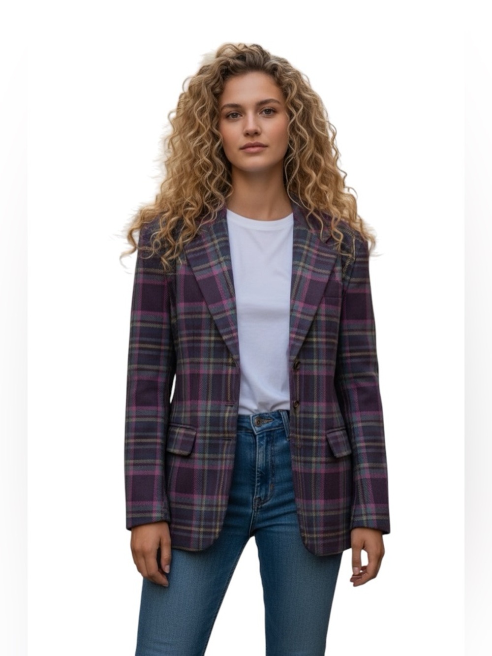 GAP Vintage Plaid Tartan Blazer Jacket Purple Size Large Y2K Preppy Academia